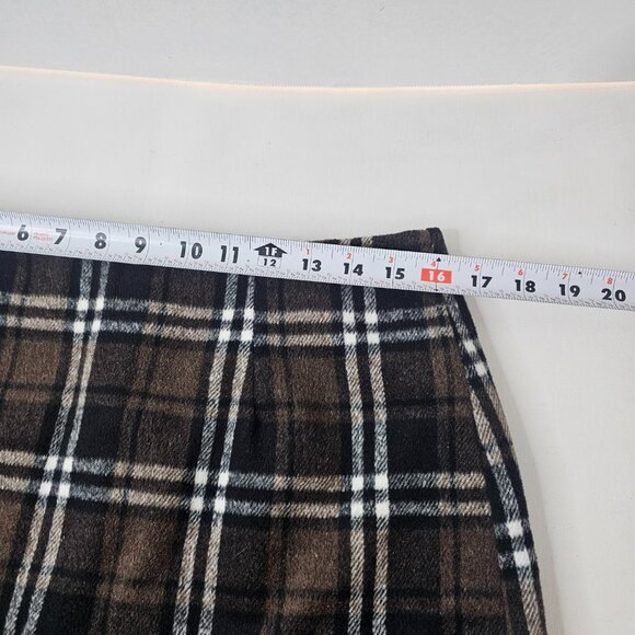 Women Plaid Mini Skirt Brown Black Wool Blend Autumn Size L Side Zip - Picture 10 of 11